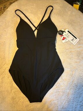 Calia Black One-Piece Strappy V-Neck Swimsuit Lyrica Tummy Control